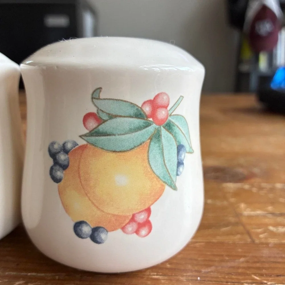 Vintage White ceramic salt and pepper shakers with orange & berry design